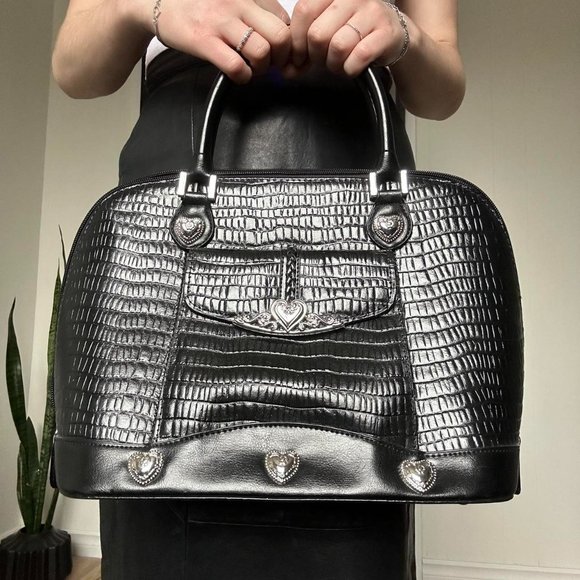 Vintage 90s M.C. Leather Croc Handbag with Silver Heart Accents - Picture 2 of 4